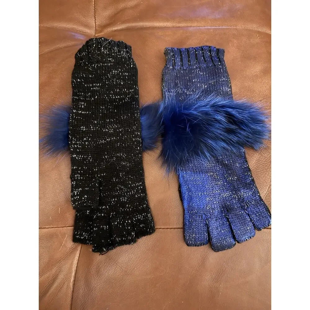 Michie’s Knit Metallic Blue Black Gloves Genuine Fox Fur Cuffs Fingerless